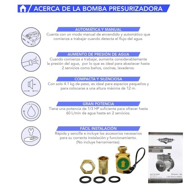 Bomba Presurizadora de Agua 2 Servicios 1/3 Hp 120 w Automatica 60 L/min  Gutstark.