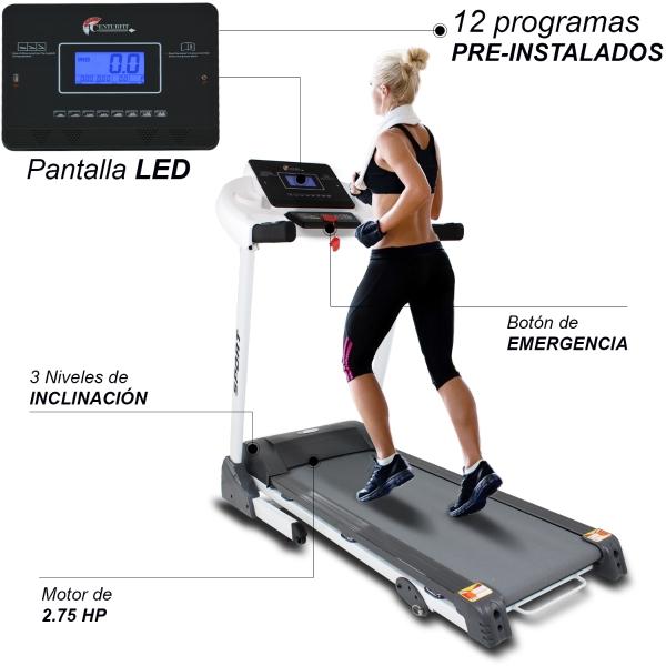 Caminadora Electrica Plegable 2 HP  Walk Pantalla 5" LCD 110Kg Inclinacion 12 Programas Centurfit 14.8 km/h Blanca