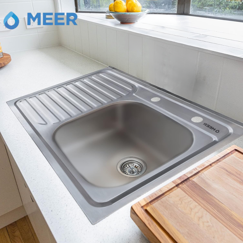 MEER Faucets by CNX | Fregadero para Cocina con Escurridero de Acero Inoxidable Satinado. Tarja para Sobreponer, 80 x 50 x 15 cm