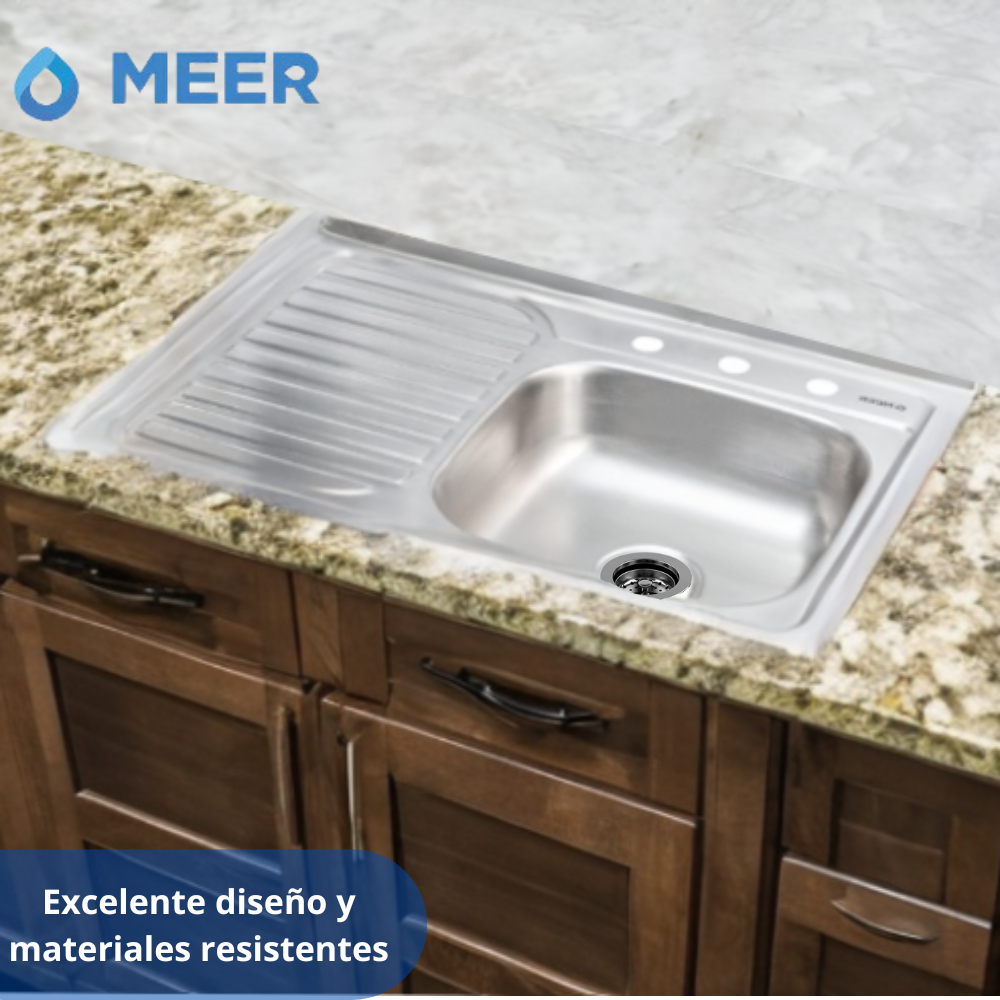 MEER Faucets by CNX | Fregadero para Cocina con Escurridero de Acero Inoxidable Satinado. Tarja para Sobreponer, 80 x 50 x 15 cm