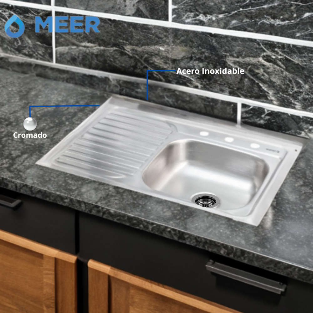 MEER Faucets by CNX | Fregadero para Cocina con Escurridero de Acero Inoxidable Satinado. Tarja para Sobreponer, 80 x 50 x 15 cm