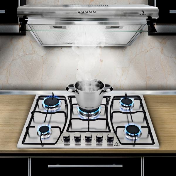 COMBO con campana extractora de pared 76cm y parrilla de gas SUPRA PIZZO de acero inoxidable