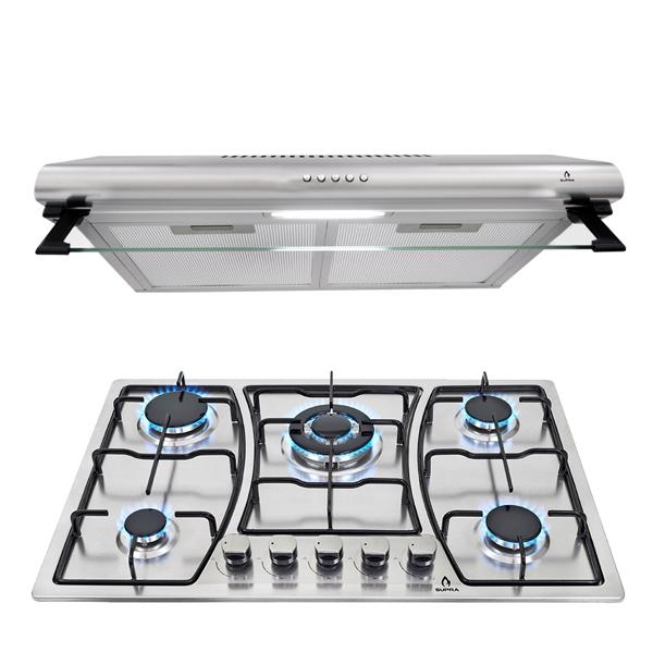 COMBO con campana extractora de pared 76cm y parrilla de gas SUPRA PIZZO de acero inoxidable