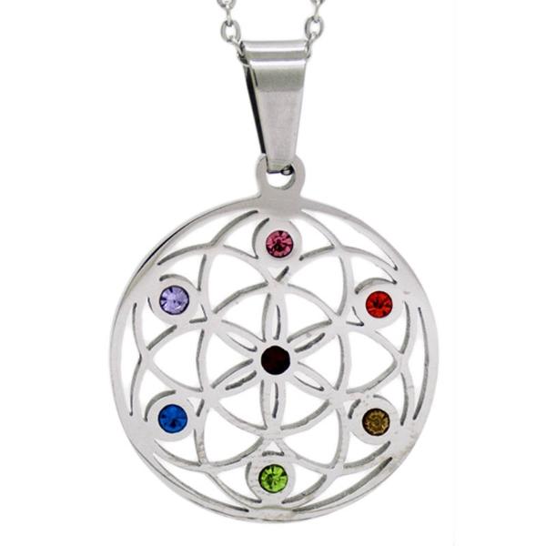 Dije Acero Nk circular con flor y los 7 colores de chakras