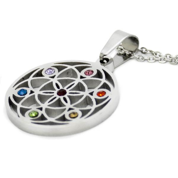 Dije Acero Nk circular con flor y los 7 colores de chakras