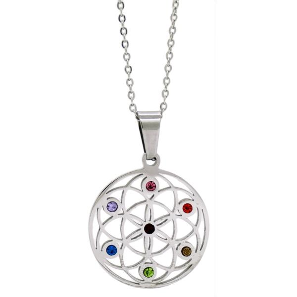 Dije Acero Nk circular con flor y los 7 colores de chakras