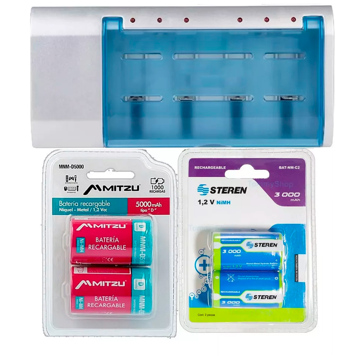 Cargador + 2 Pilas Recargables Tamaño D + 2 Tipo C Ni-mh