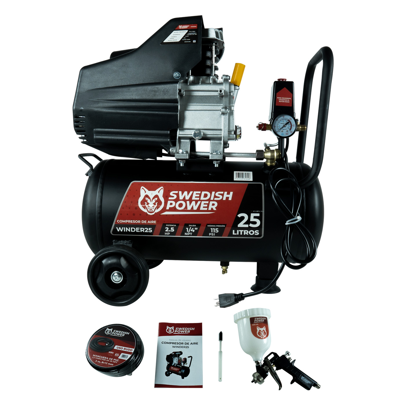 COMPRESOR DE AIRE SWEDISH HUSKY POWER 25 LITROS 2.5 HP C/MANGUERA Y PISTOLA - WINDER25.