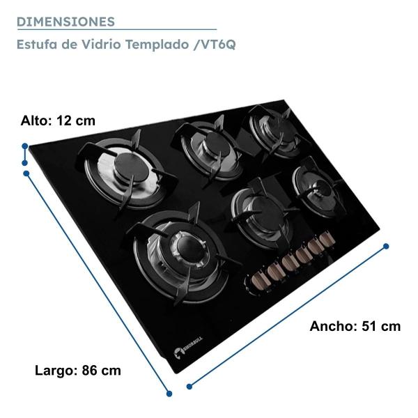 Parrilla Estufa 6 Seis Quemadores Vidrio Templado Shorbull.