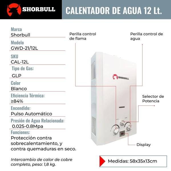 Calentador Paso SHORBULL Instantáneo Agua Ahorrador Gas 12L.