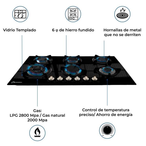 Parrilla Estufa 6 Seis Quemadores Vidrio Templado Shorbull.