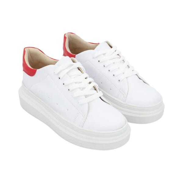 Tenis Con Suela Gruesa Para Mujer Color Blanco Con Talón Rojo