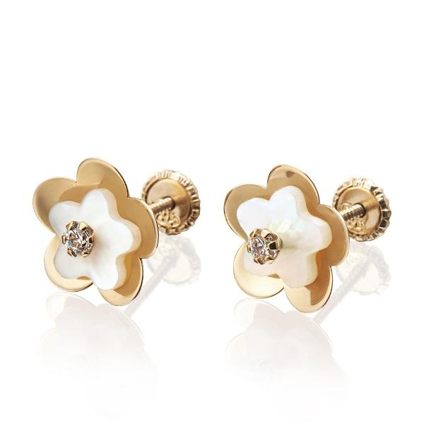 Aretes de oro 14k Mujer Broquel Agua de flor con oro amarillo, madre perla y circonia | GIALLO