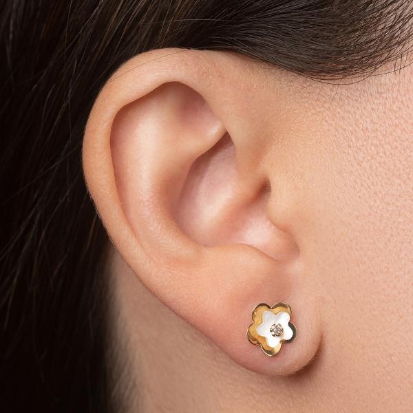 Aretes de oro 14k Mujer Broquel Agua de flor con oro amarillo, madre perla y circonia | GIALLO