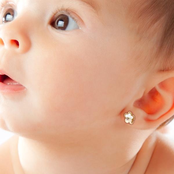 Aretes de oro 14k Mujer Broquel Agua de flor con oro amarillo, madre perla y circonia | GIALLO