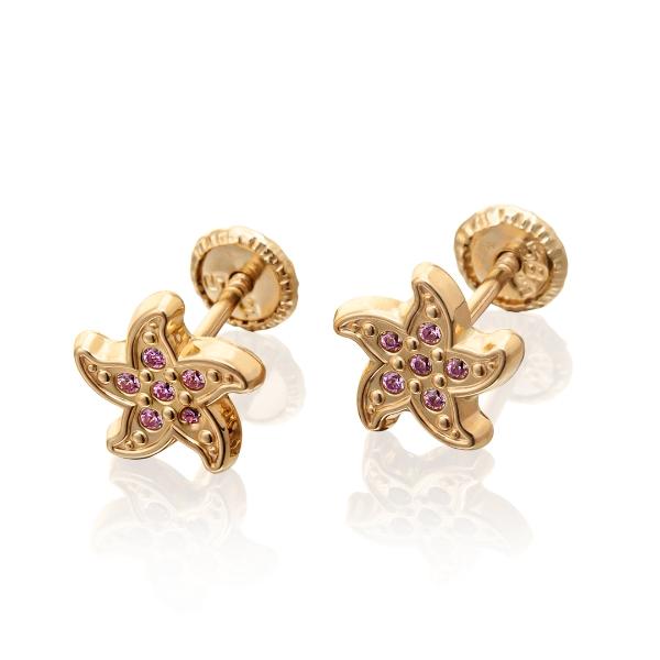 Aretes de oro 14k Mujer broquel Estrella de mar con oro amarillo y zirconia | GIALLO