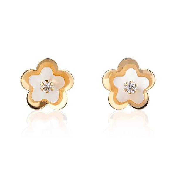 Aretes de oro 14k Mujer Broquel Agua de flor con oro amarillo, madre perla y circonia | GIALLO