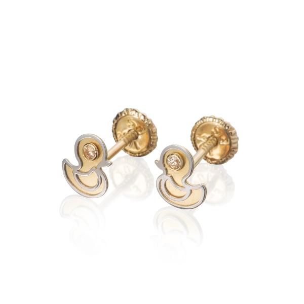 Aretes de Oro 14K Mujer broquel Patos con oro amarillo brillante, oro blanco brillante y circonias | GIALLO