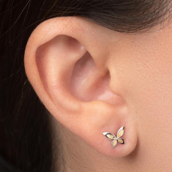 Aretes de Oro 14K Mujer broquel Mariposas con oro amarillo brillante, madre perla y circonias | GIALLO