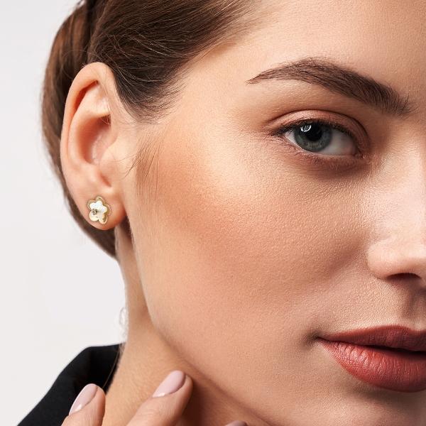 Aretes de oro 14k Mujer Broquel Agua de flor con oro amarillo, madre perla y circonia | GIALLO