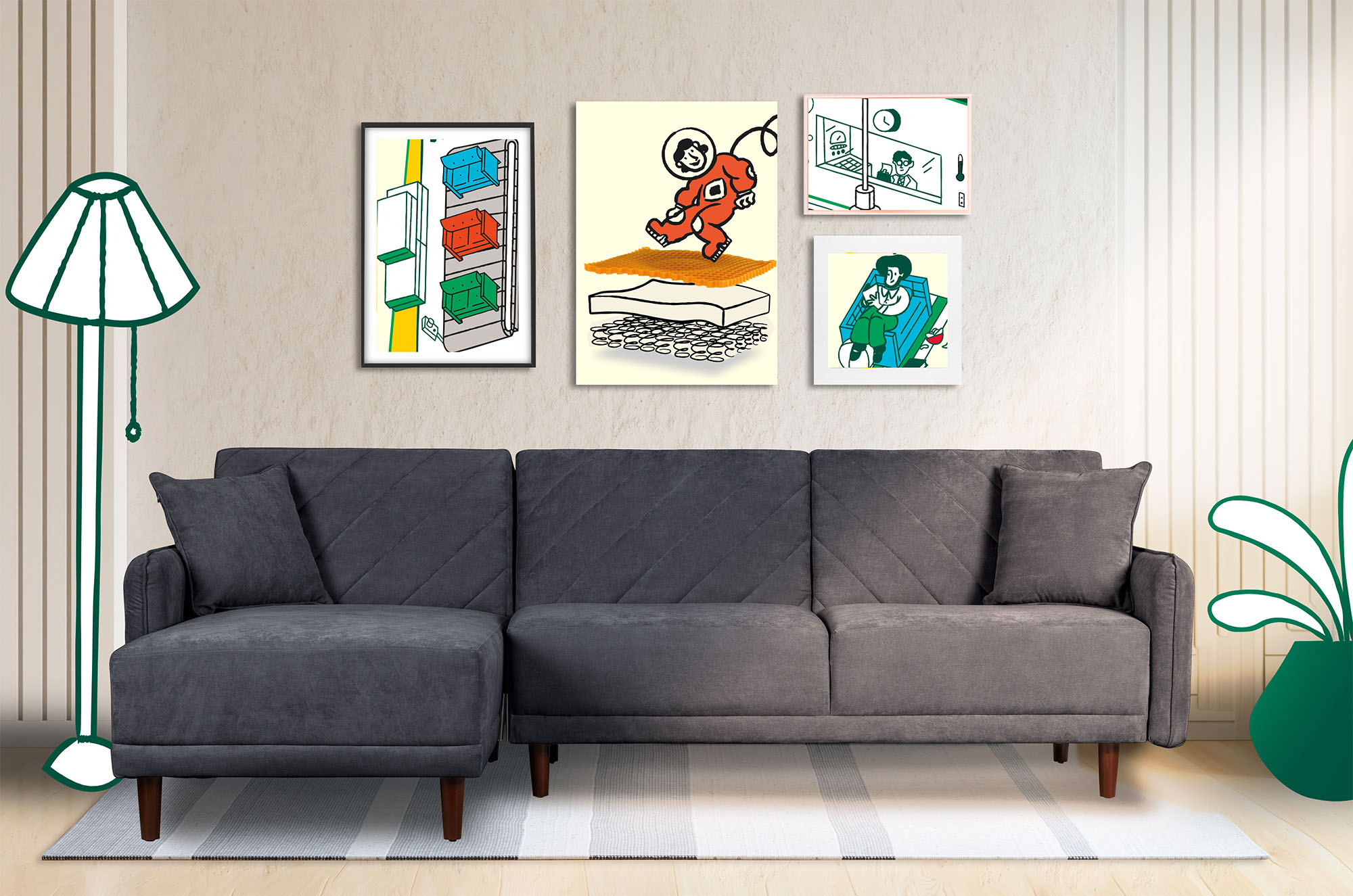 Sala Modular Cosmo Gris Oxford Makora Beehive Memory Foam de velvet