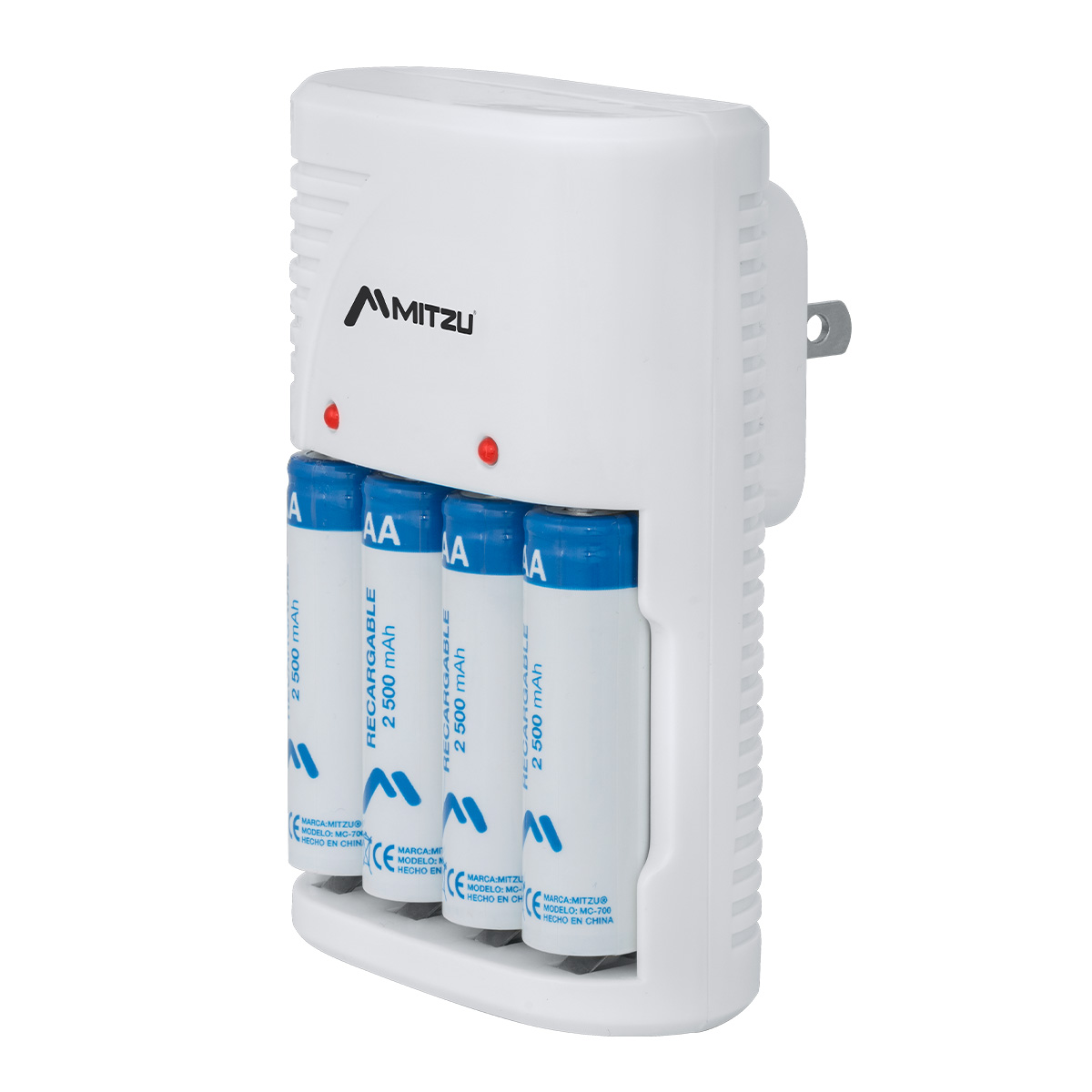 Cargador de pilas AA, AAA y 9V de clavija, incluye 4 pilas Mitzu MC-700