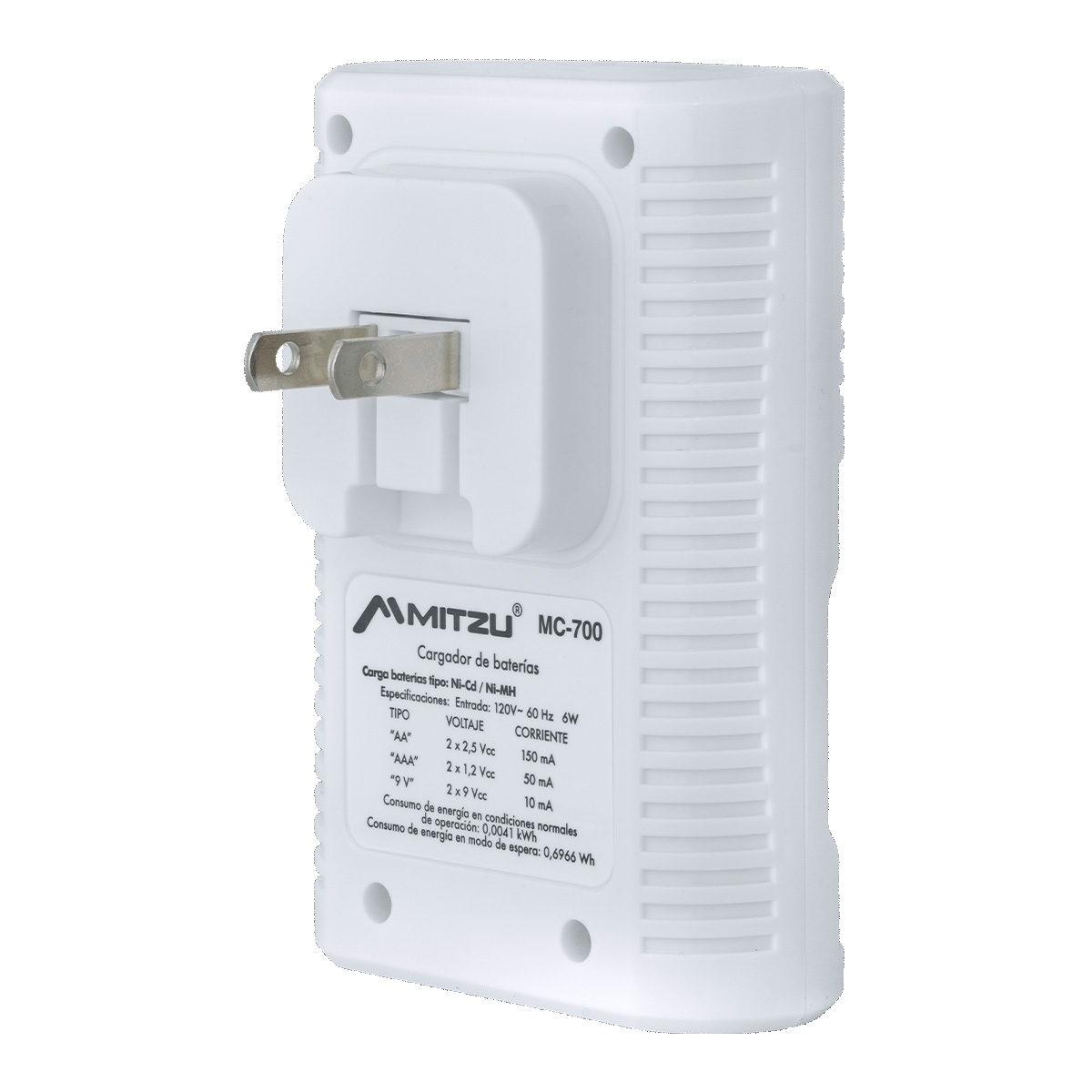 Cargador de pilas AA, AAA y 9V de clavija, incluye 4 pilas Mitzu MC-700