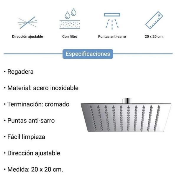Regadera Cuadrada Tipo Lluvia Acero Inoxidable 20 X 20cm