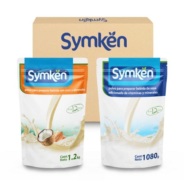 Paquete de 4 piezas Mix Symkën Soya Natural 1,080g y Coco-Almendra 1,200g | Bebida en polvo | 100% vegetal | Rinde 12 litros | Alta en proteínas | Sin gluten, sin lactosa, sin colesterol