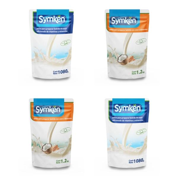 Paquete de 4 piezas Mix Symkën Soya Natural 1,080g y Coco-Almendra 1,200g | Bebida en polvo | 100% vegetal | Rinde 12 litros | Alta en proteínas | Sin gluten, sin lactosa, sin colesterol