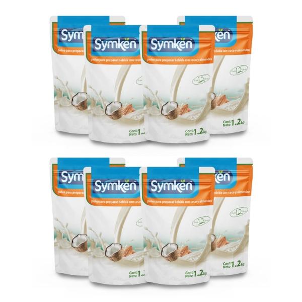 Paquete de 8 piezas Symkën Coco y Almendra 1,200g | Bebida en polvo | 100% vegetal | Rinde 12 litros | Alta en proteínas | Sin gluten, sin lactosa, sin colesterol