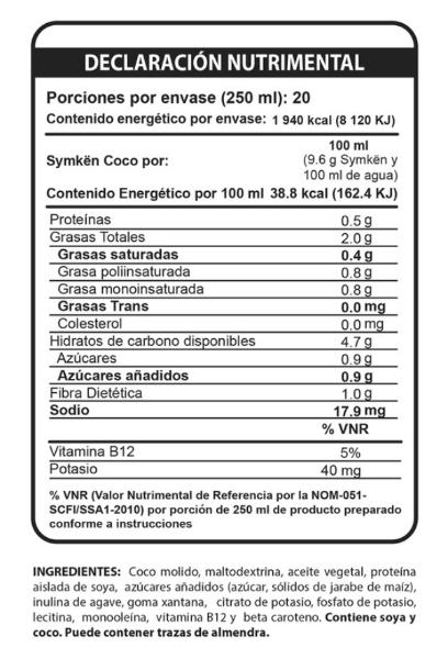 Paquete de 4 piezas Symkën Coco 480g | Bebida en polvo | 100% vegetal | Rinde 5 litros | Alta en proteínas | Sin gluten, sin lactosa, sin colesterol