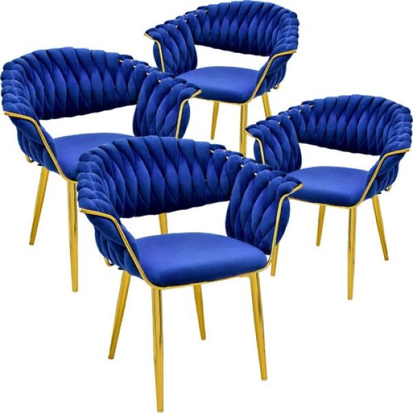 Set 4 Sillas Comedor Tapizadas Terciopelo Tejidas Elegantes Azul