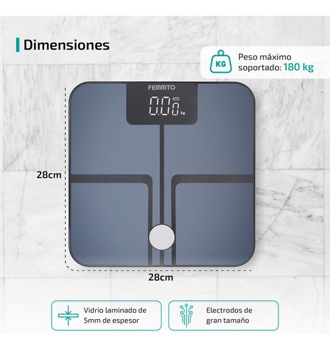 Bascula digital bioimpedancia inteligente bluetooth 180kg personas peso pesa grasa corporal baño personal Femmto
