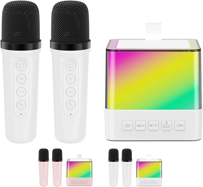 A  Máquina de Karaoke Profesional con 2 micrófonos inalámbricos Bluetooth 5.3, Altavoz Bluetooth Efectos Cambiador de Voz y Luces LED, Soporte Tarjeta TF, USB para Infantil, Adultos