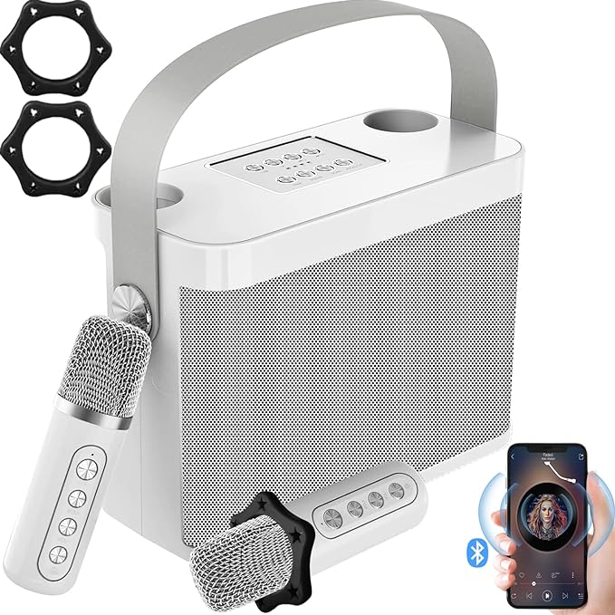 A Karaoke Machine with 2 Wireless Microphones, Portable Bluetooth 5.0 Wireless Karaoke Speaker, 7 Voice Switching Functions, Altavoz inalámbrico Bluetooth Micrófono Sonido Todo en Uno Blanco