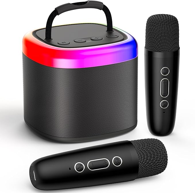 A JYX Mini Máquina de Karaoke, Portable Bluetooth Karaoke Speaker Unpowered Cabinets with 2 Wireless Microphones and Party Lights for Kids and Adults, Birthday Gifts for Girls Boys Family Home Party