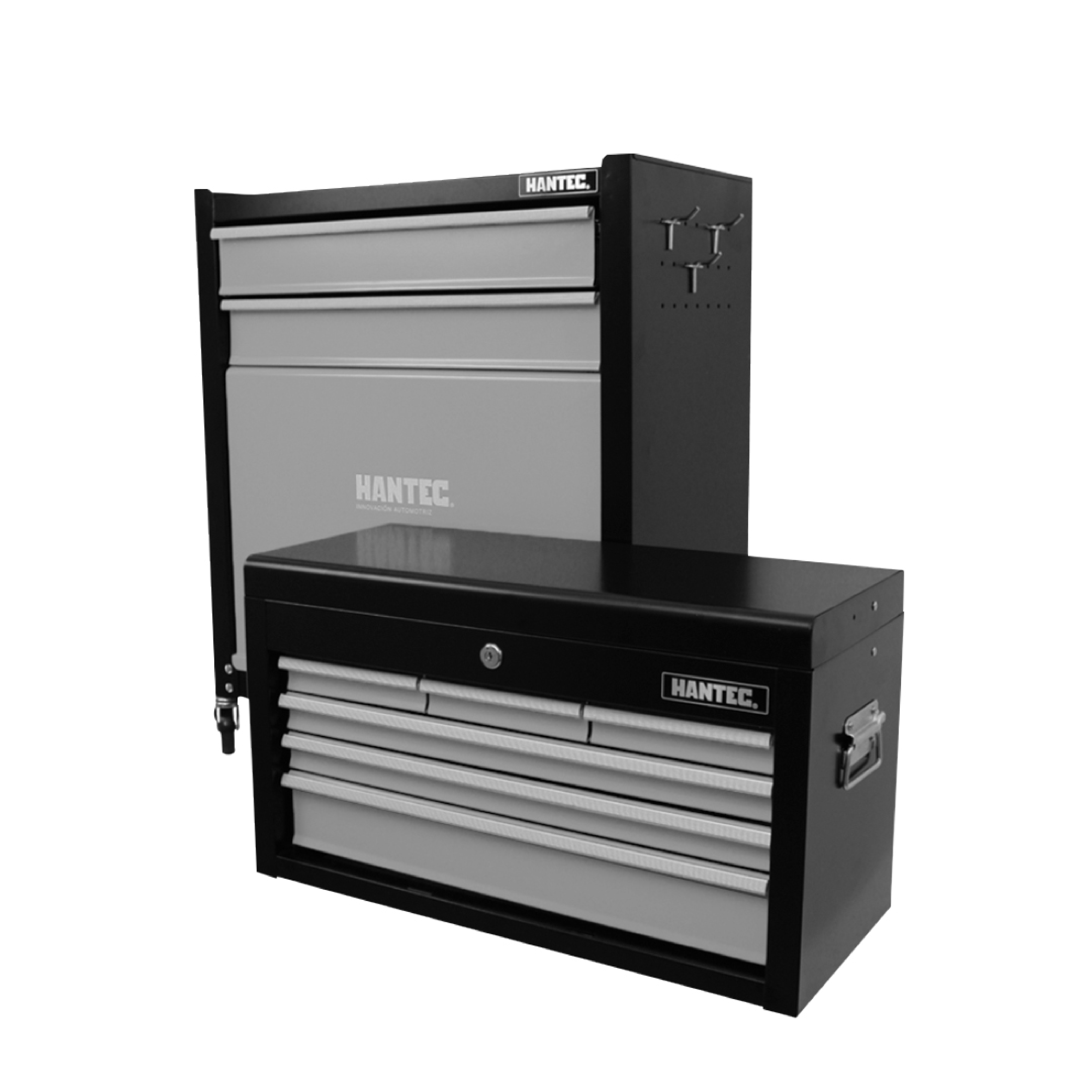 Juego de Gabinete y Caja de Herramientas Móvil Hantec con 9 cajones  fabricado en acero .