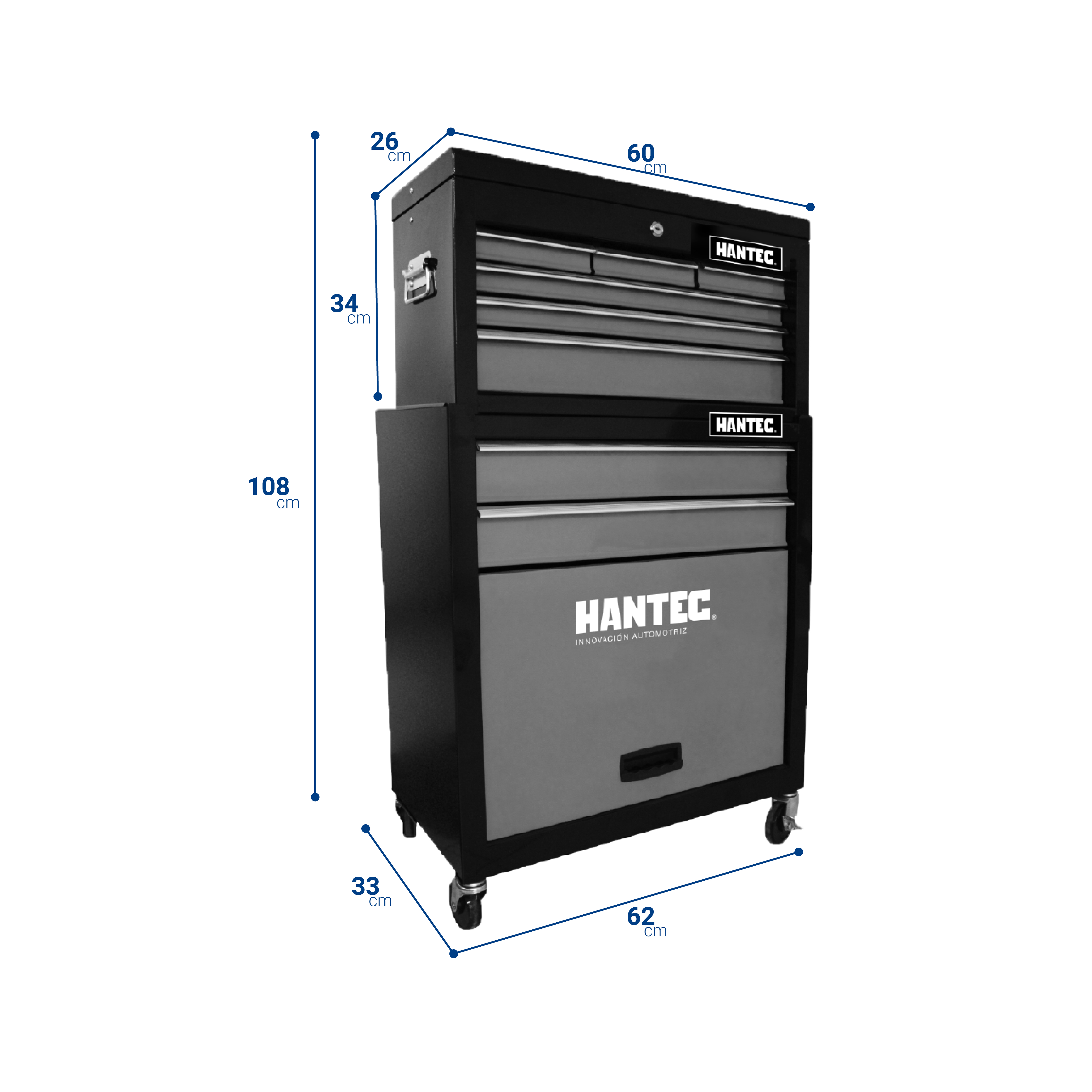 Juego de Gabinete y Caja de Herramientas Móvil Hantec con 9 cajones  fabricado en acero .