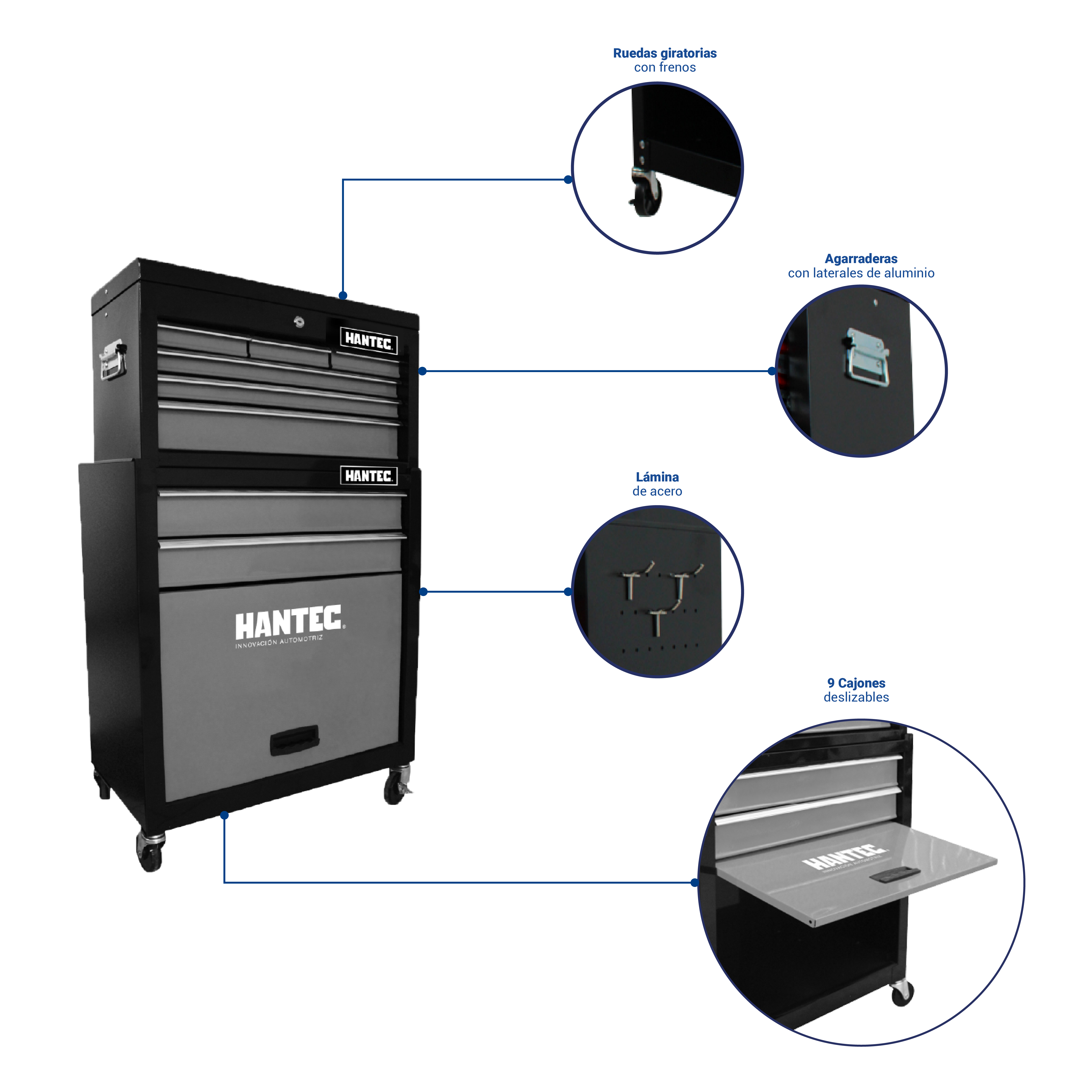 Juego de Gabinete y Caja de Herramientas Móvil Hantec con 9 cajones  fabricado en acero .