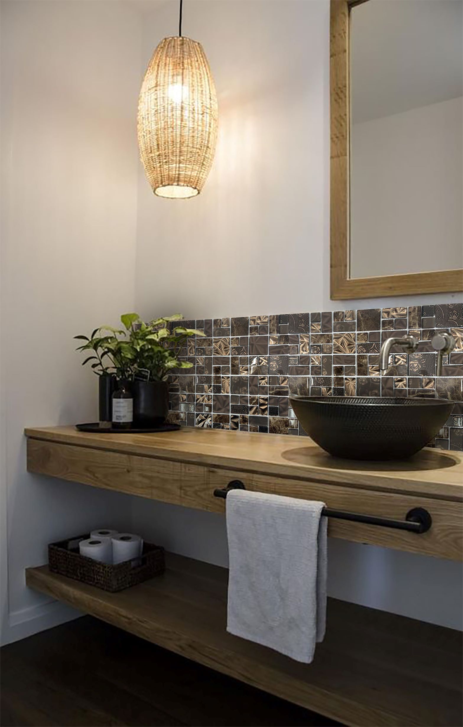 Malla o Mosaico Decorativo de vidrio BUI, medida 30 x 30 cms. (base por altura). Diseño en tonos cafés, con detalles marmoleados y en relieve. Caja de 5 piezas.