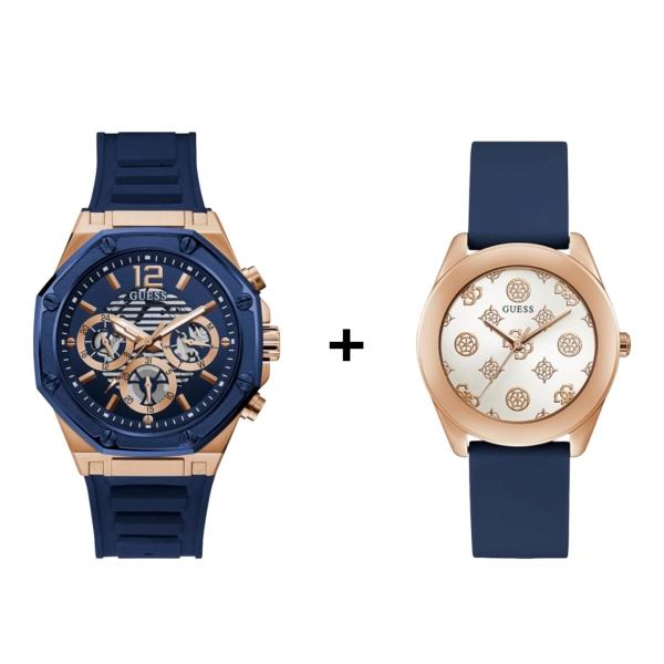 SET DE RELOJES GUESS EN PAREJA PARA SAN VALENTÍN COLOR AZUL Y DORADO GW0263G2/GW0107L4