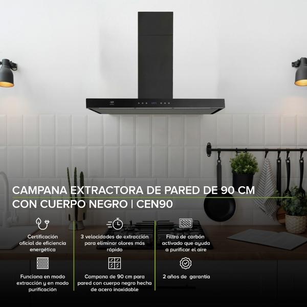 AVERA Campana Extractora Purificadora de Pared Negra en Vidirio Templado CEN90
