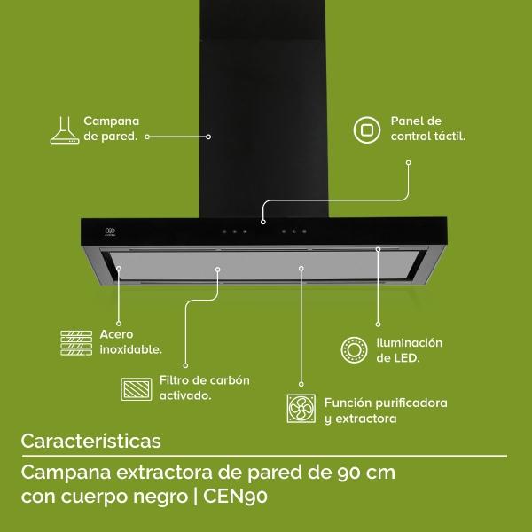 AVERA Campana Extractora Purificadora de Pared Negra en Vidirio Templado CEN90
