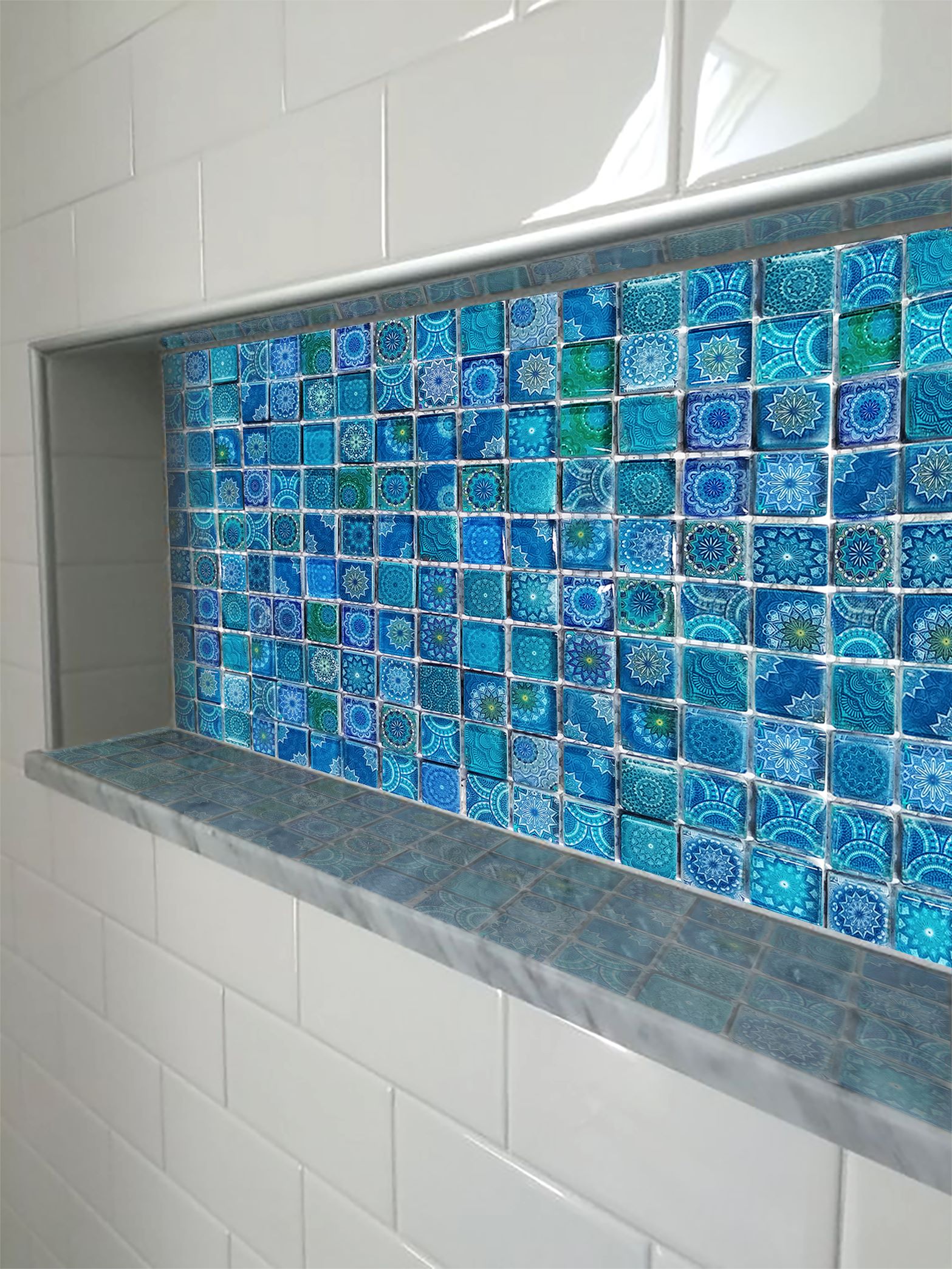 Malla o Mosaico Decorativo de vidrio ACA, medida 30 x 30 cms. (base por altura). Diseño en tonos azules. Caja de 5 piezas.