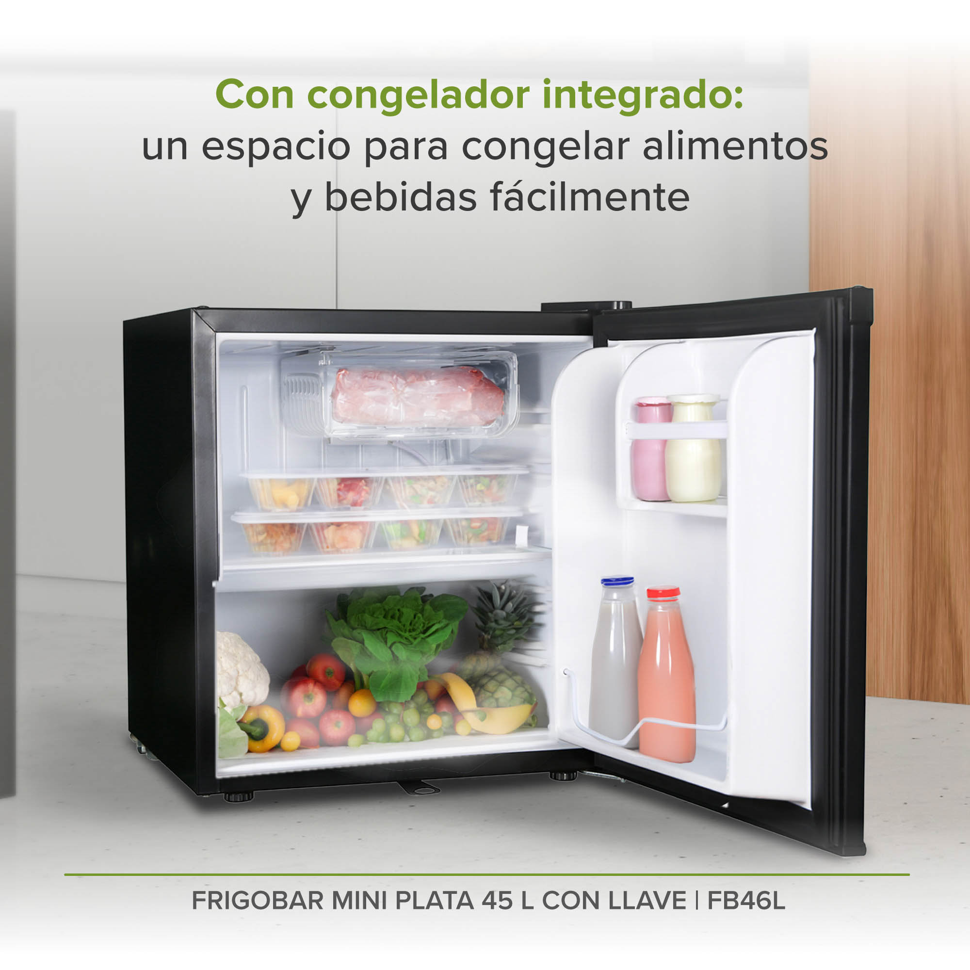 Frigobar Mini Color Plata De 1.6 Pies 45 Litros Con Llave  Avera FB46L