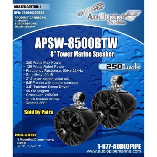 Bocinas de Torre Marina Audiopipe APSW-8500BTW 250 Watts 8 Pulgadas Color Negro Salt Water Series 