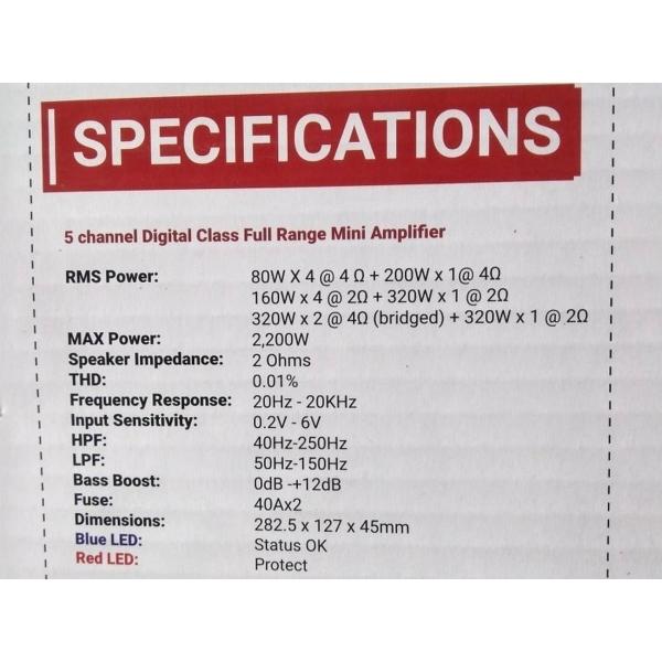 Mini Amplificador 5 Canales Rock Series RKS-P900.5DM 1600 Watts Clase D 2 Ohms 