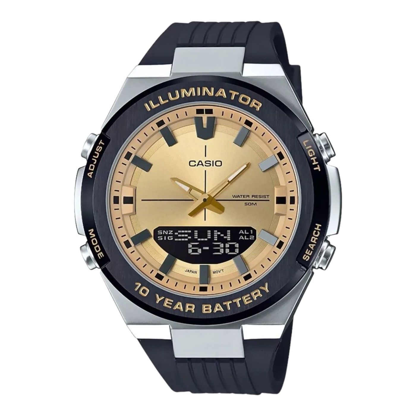 SET DE RELOJES CASIO EN PAREJA PARA SAN VALENTÍN COLOR DORADO Y NEGRO AMW8609AVCF/W217HM9AVCF.