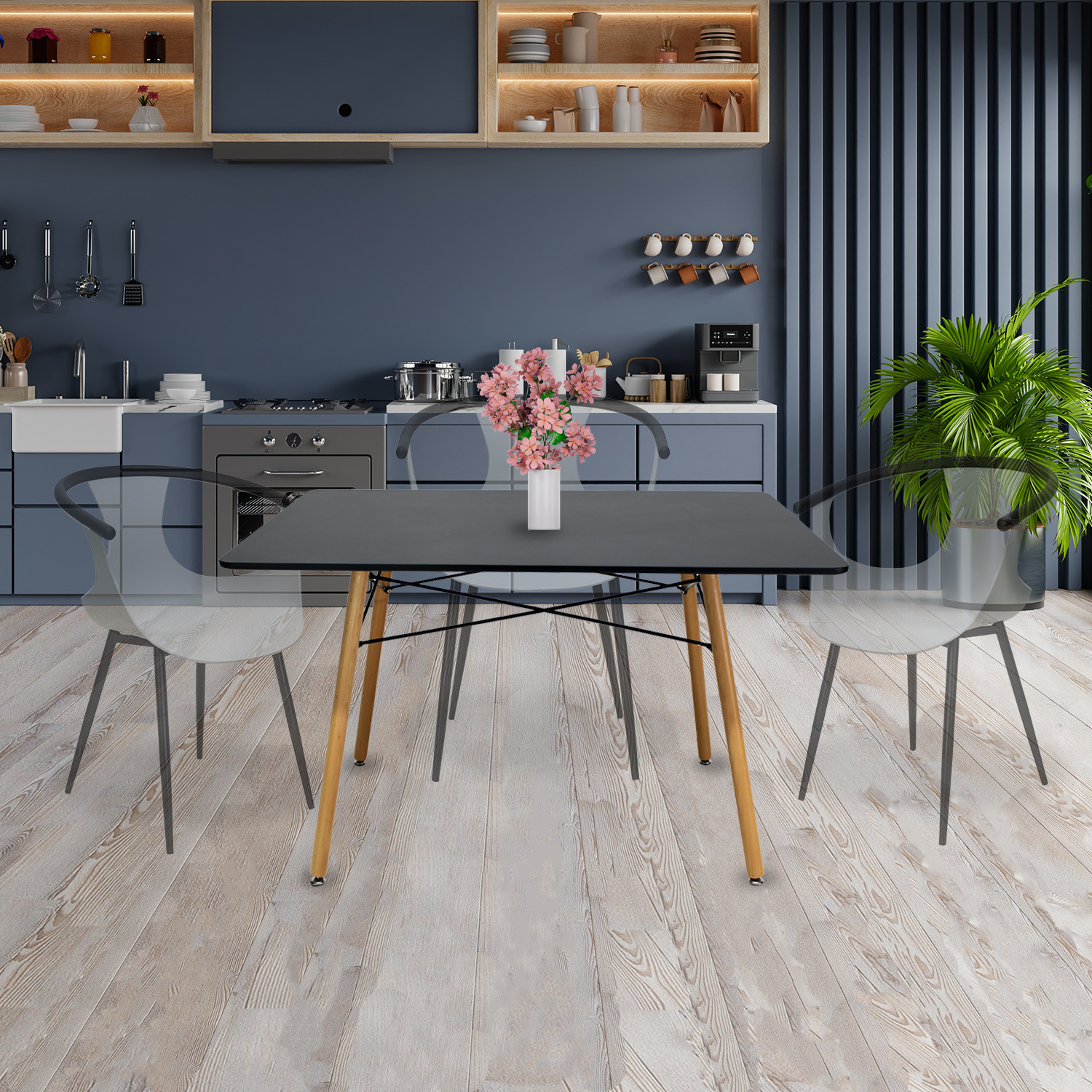 Set Comedor Oslo Melamina 120cm Negro 4 sillas Eames Rosa Mundo In.